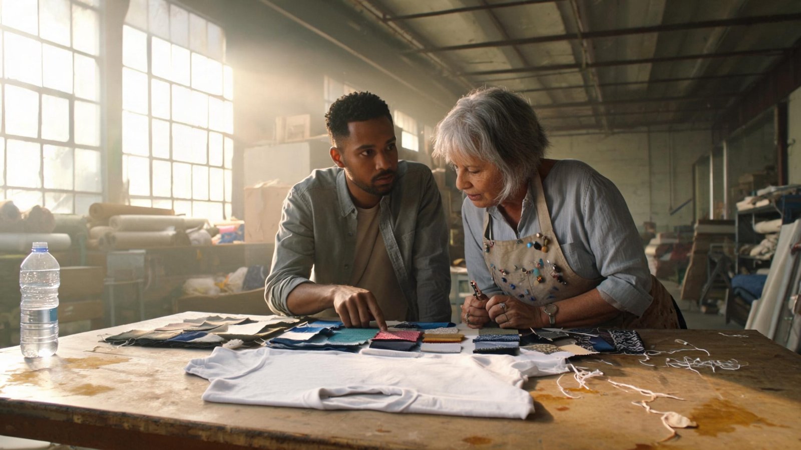 Small business owner collaborating with seamstress at custom clothing manufacturer factory