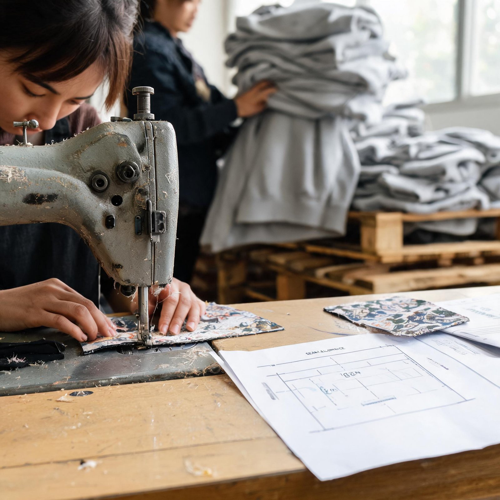 OEM clothing manufacturing process: seamstress sewing custom garment from brand tech pack