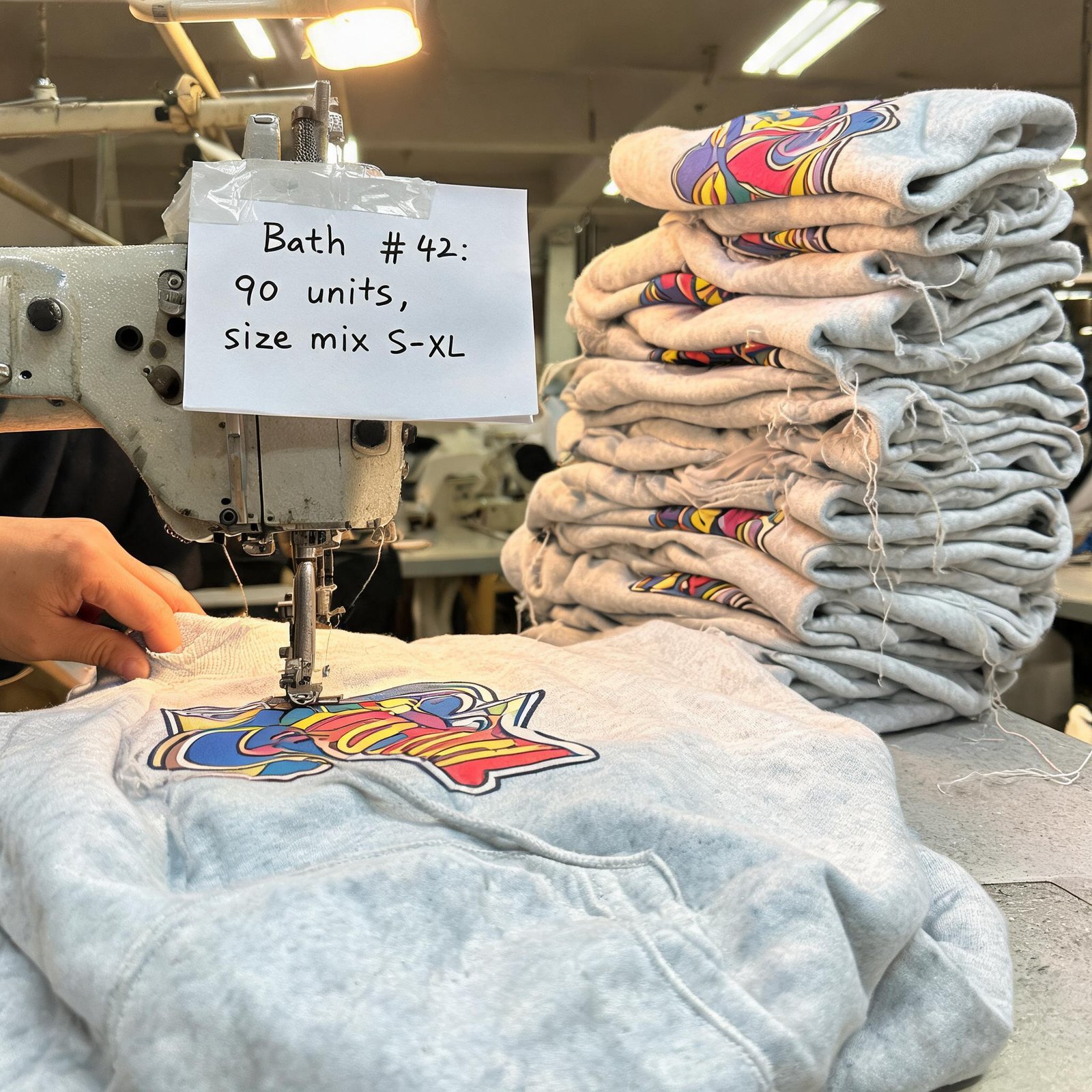 Small batch custom clothing production at apparel factory, 90-unit order in progress