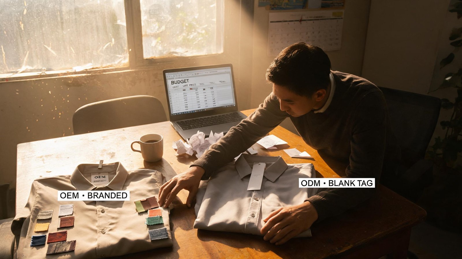 Brand owner comparing OEM vs ODM clothing samples for business decision