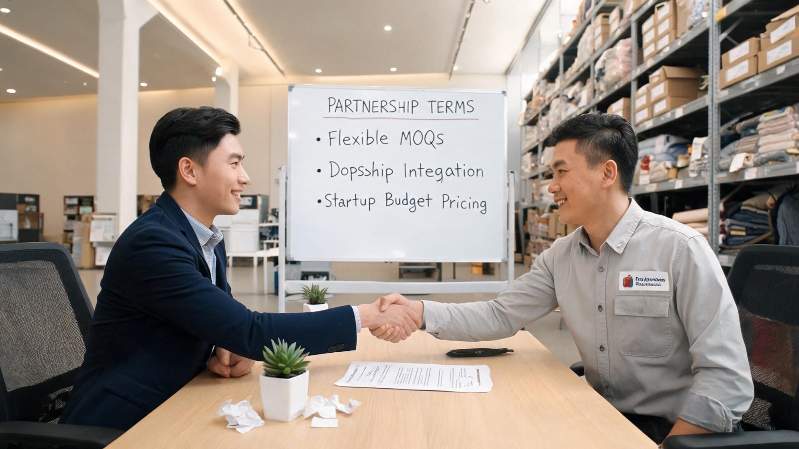 Brand manager and custom clothing manufacturer partner signing partnership agreement
