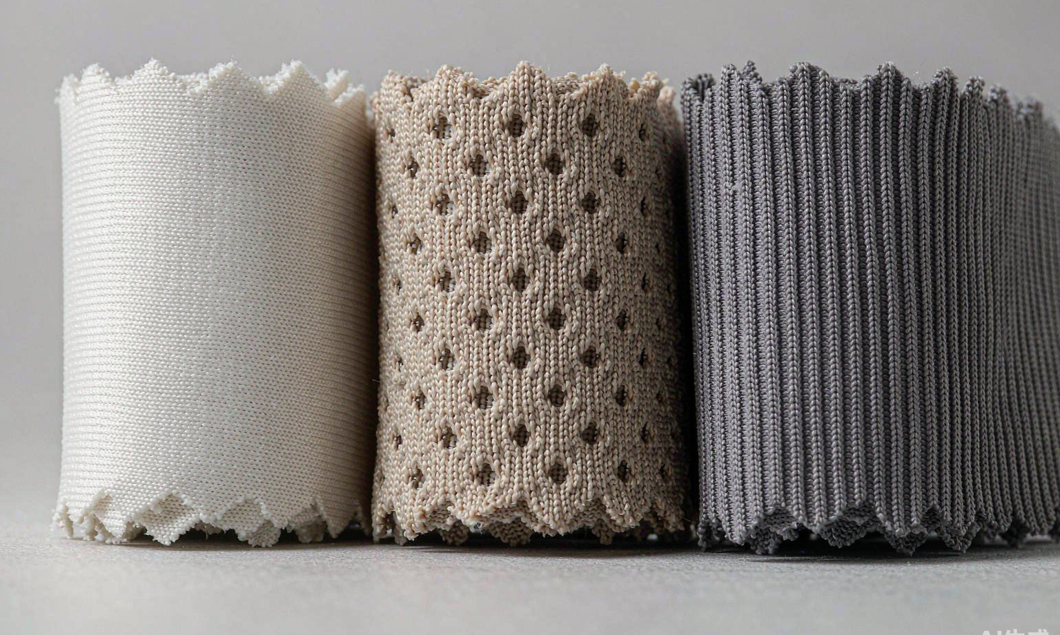 Three performance knit fabric swatches side by side: matte four-way stretch jersey, perforated mesh and fine rib knit in neutral tones
